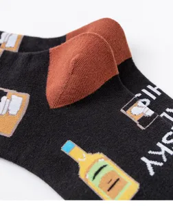 Men's casual mid-calf cotton socks detail, featuring whiskey pattern and soft fabric.