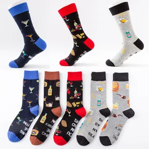 Men's Plus Size Crew Socks Casual Four Season Cotton Socks Novelty Beverage Wine Print Comfortable Mid Tube Socks