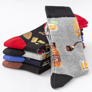 Men novelty crew socks plus size cotton fun casual socks stack with whiskey patterns