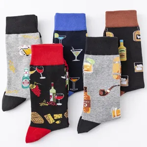 Men's funny alcohol pattern crew socks plus size cotton casual socks for daily wear 5 pairs