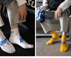 Men stylish cotton short socks detail view featuring cool graphic print and trendy design.