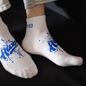 Men trendy short socks white blue paint splatter cotton casual athletic main view