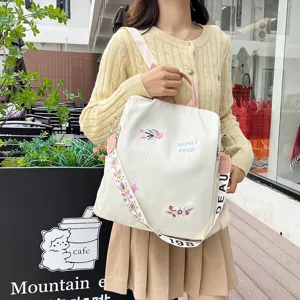 Detailed view of casual women canvas backpack featuring delicate floral embroidery and strap.
