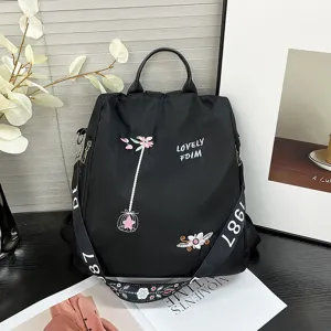 Women black backpack casual large capacity nylon travel school bag with nice embroidery