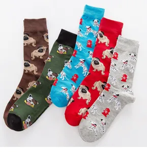 Men's casual cotton crew socks with cute dog prints, breathable spring summer daily wear.