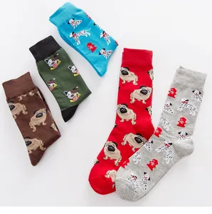 Men's casual cotton crew socks featuring cute dog and pug print patterns, breathable detail view.