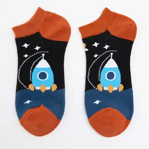 Plus size men's cotton boat socks with cute space rocket pattern, breathable and comfortable daily wear.