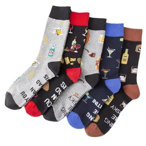 Men plus size crew socks cotton casual novelty drink pattern comfortable 5-pair set