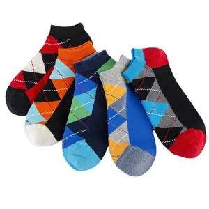 Chaussettes courtes en coton pour hommes, socquettes de sport décontractées à motif losanges.