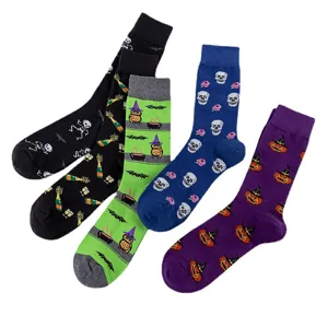Men's plus-size cotton Halloween socks with skull and pumpkin prints for casual wear.