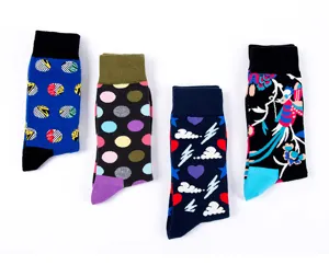 Colorful fashion long socks set, featuring trendy patterns like dots, hearts, and floral bird art.