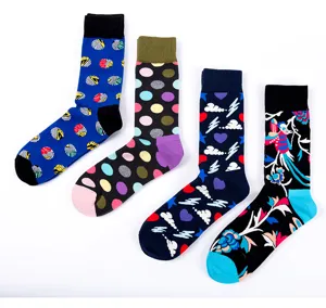 Detailed view of colorful street style fashion long crew socks for men with unique patterns.