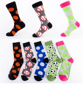 Men's novelty sports crew socks featuring various ball patterns, casual streetwear.