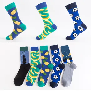 Detailed view of men's fashion printed long socks featuring colorful fun patterns for daily wear.