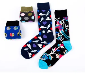 Colorful patterned crew socks detail, featuring vibrant dots, lightning, and floral magpie art.