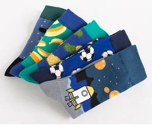 Detailed view of fashionable printed crew socks featuring rocket and soccer patterns for men.