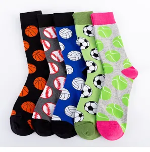 Men stylish long crew socks featuring colorful sports ball patterns for casual daily wear.