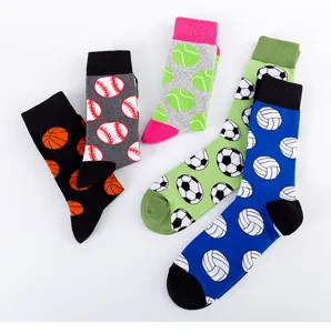 Mens sports cotton crew socks with ball patterns, stylish streetwear plus size long socks.