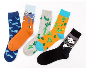 Casual cartoon long cotton socks set featuring cute whale and panda prints for daily street wear.