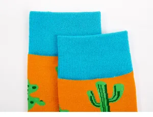 Colorful cactus pattern long cotton socks, casual streetwear fashion style detail view.