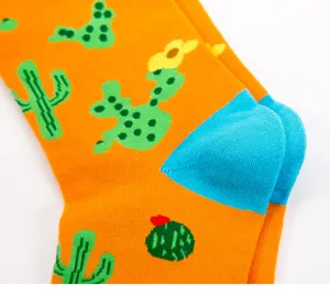 Detailed view of plus-size casual long socks featuring vibrant orange and green cactus print.