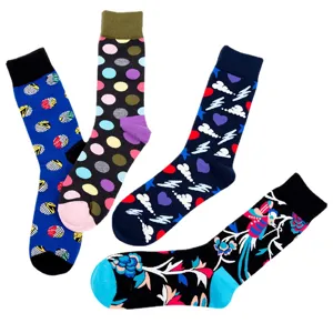 Colorful crew socks set for men women, fashionable cotton long socks with fun patterns.