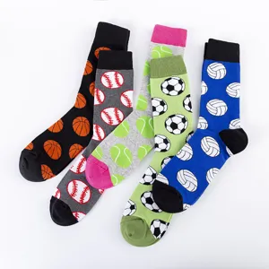Men's sports ball pattern crew socks, casual cotton long socks for streetwear fashion.