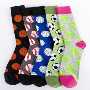 Men sports theme crew socks set featuring basketball baseball volleyball soccer tennis designs stylish
