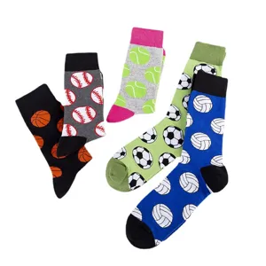 Men's sports cotton long socks set featuring fun basketball baseball soccer tennis volleyball prints.