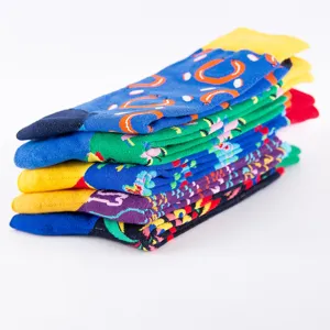 Colorful patterned long cotton socks for men, trendy causal athletic crew socks for all seasons.