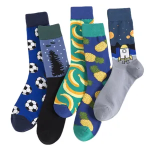 Men's novelty casual long crew socks set featuring fun patterns like football banana rocket
