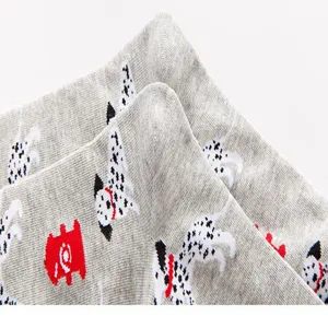 Men's grey cotton socks featuring cute Dalmatian dog and red house patterns, soft and breathable.