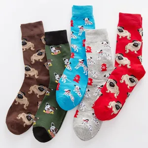 Men's colorful dog printed crew cotton socks, breathable casual plus size fashion hosiery.