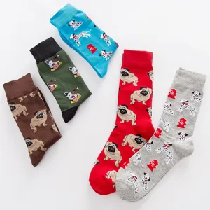 Men's casual cotton crew socks featuring cute dog and pug print designs for spring and summer daily wear.