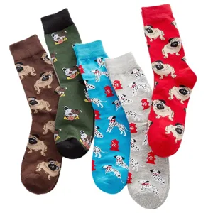 Men plus size cotton socks cute pug dalmatian print casual colorful crew socks 5 pairs set
