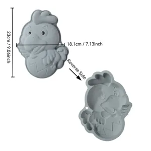 Detailed view of grey cartoon rooster silicone baking mold, showing dimensions and reverse side.