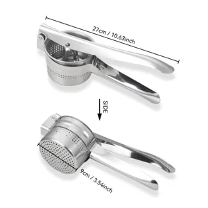 Stainless steel potato ricer with ergonomic handle and dual size view, kitchen tool.