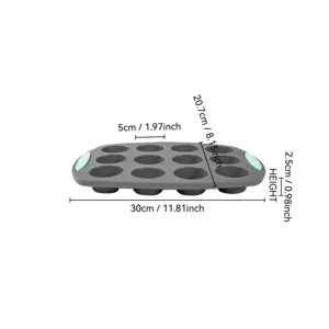 Moule à muffin en silicone 12 cavités gris rond poignées vertes 30x20.7cm ustensile de cuisine