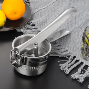 Stainless steel manual potato masher and fruit juicer, practical kitchen tool detail view.