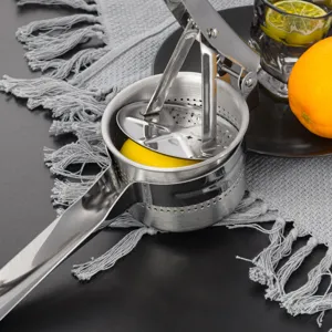 Stainless steel manual potato press juicer kitchen tool detail view for home cooking.