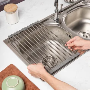 Égouttoir d'évier de cuisine enroulable en acier inoxydable, séchoir à vaisselle pliable.