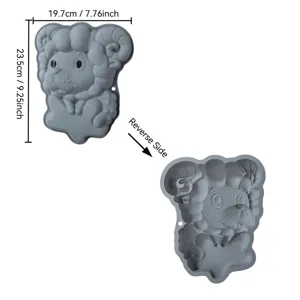 Silicone sheep cake mold detail showing dimensions, reverse side and hanging hole design.