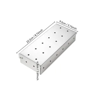 Stainless steel smoker box detail showcasing precision size dimensions and ventilation holes.