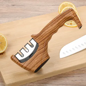 Portable wood grain knife sharpener kitchen tool with multi-slot ceramic sharpening stone.