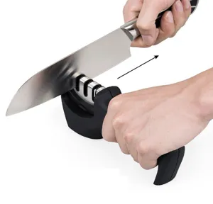 Professional 3-stage manual knife sharpener with ergonomic handle for kitchen knives.