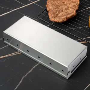 Stainless steel BBQ smoker box for outdoor grilling, heavy duty meat smoking accessory.
