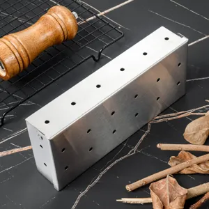Stainless steel BBQ smoker box for outdoor grilling, heavy-duty smoker tool with holes.