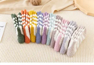 Fluffy coral fleece fuzzy socks for women, warm winter striped sleep floor socks.