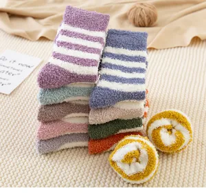 Cozy coral fleece striped women mid-tube socks, soft warm winter home floor sleep socks detail