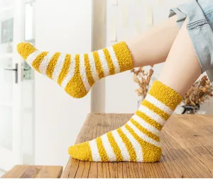 Cozy coral fleece striped socks for women, warm winter home sleep mid-tube fuzzy socks.